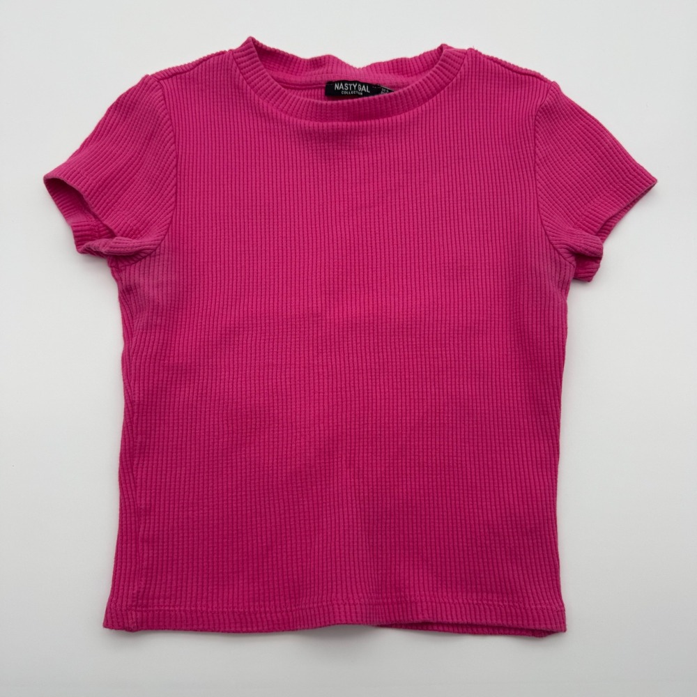 Nasty Gal Collection Hot Pink Waffle Knit Baby Tee Short Sleeve Top US 4‎